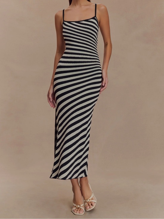 Meshki Dresses & Skirts - Meshki Black and Cream Striped Midi Dress with Slim Straps